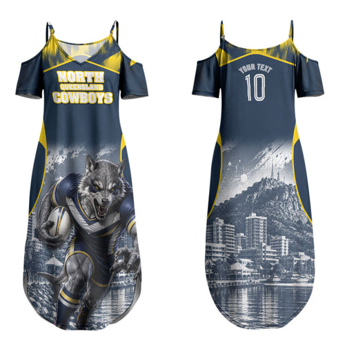 Personalised North Queensland Cowboys Mascot Rugby Family Matching Summer Maxi Dress and Hawaiian Shirt Townsville Cityscape Athletic Graphic Print
