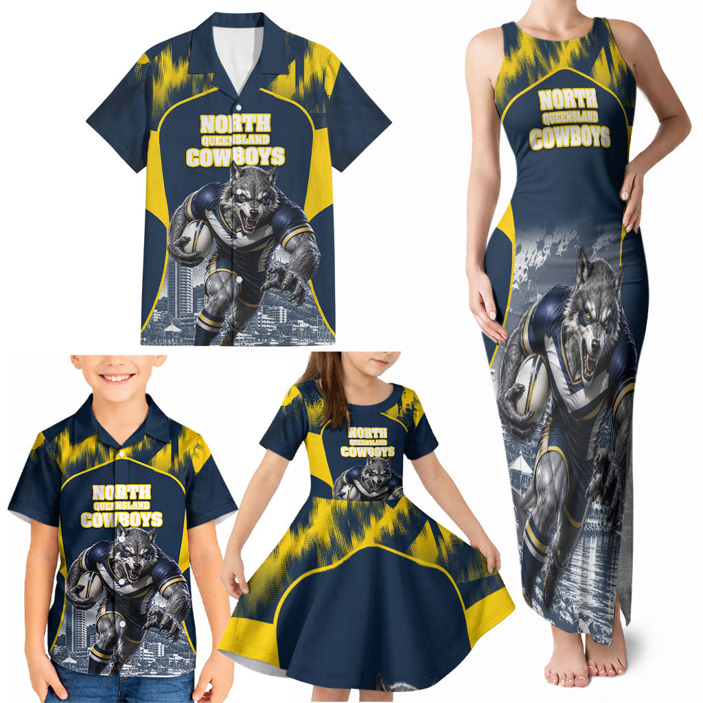 Personalised North Queensland Cowboys Mascot Rugby Family Matching Tank Maxi Dress and Hawaiian Shirt Townsville Cityscape Athletic Graphic Print