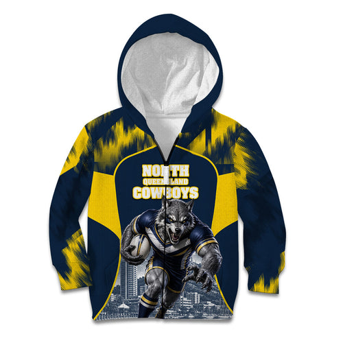 Personalised North Queensland Cowboys Mascot Rugby Kid Hoodie Townsville Cityscape Athletic Graphic Print