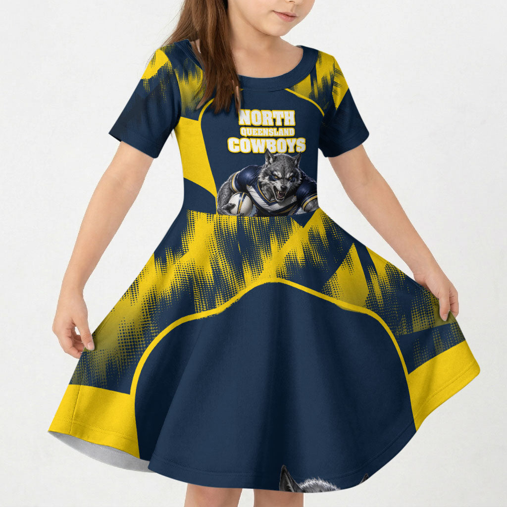 Personalised North Queensland Cowboys Mascot Rugby Kid Short Sleeve Dress Townsville Cityscape Athletic Graphic Print