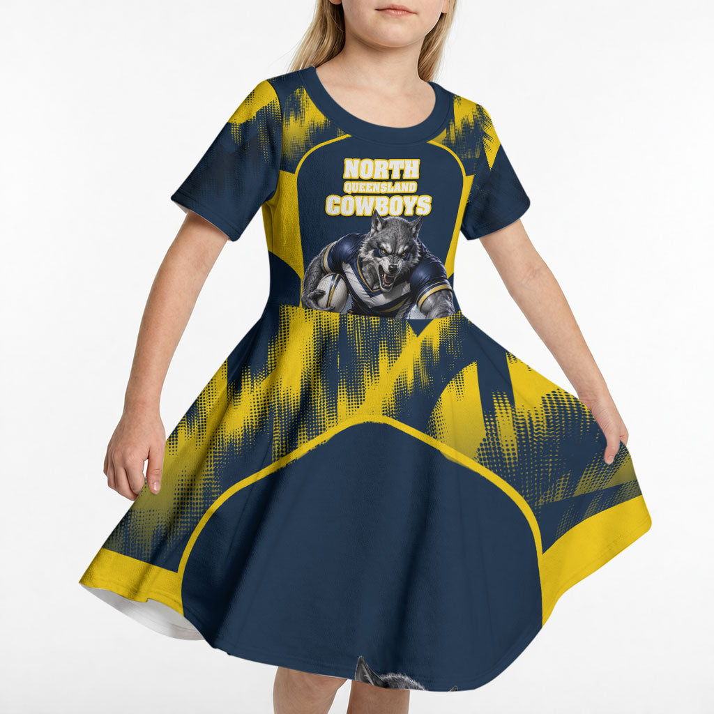 Personalised North Queensland Cowboys Mascot Rugby Kid Short Sleeve Dress Townsville Cityscape Athletic Graphic Print