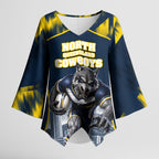 Personalised North Queensland Cowboys Mascot Rugby Kimono Sleeve Blouse Townsville Cityscape Athletic Graphic Print