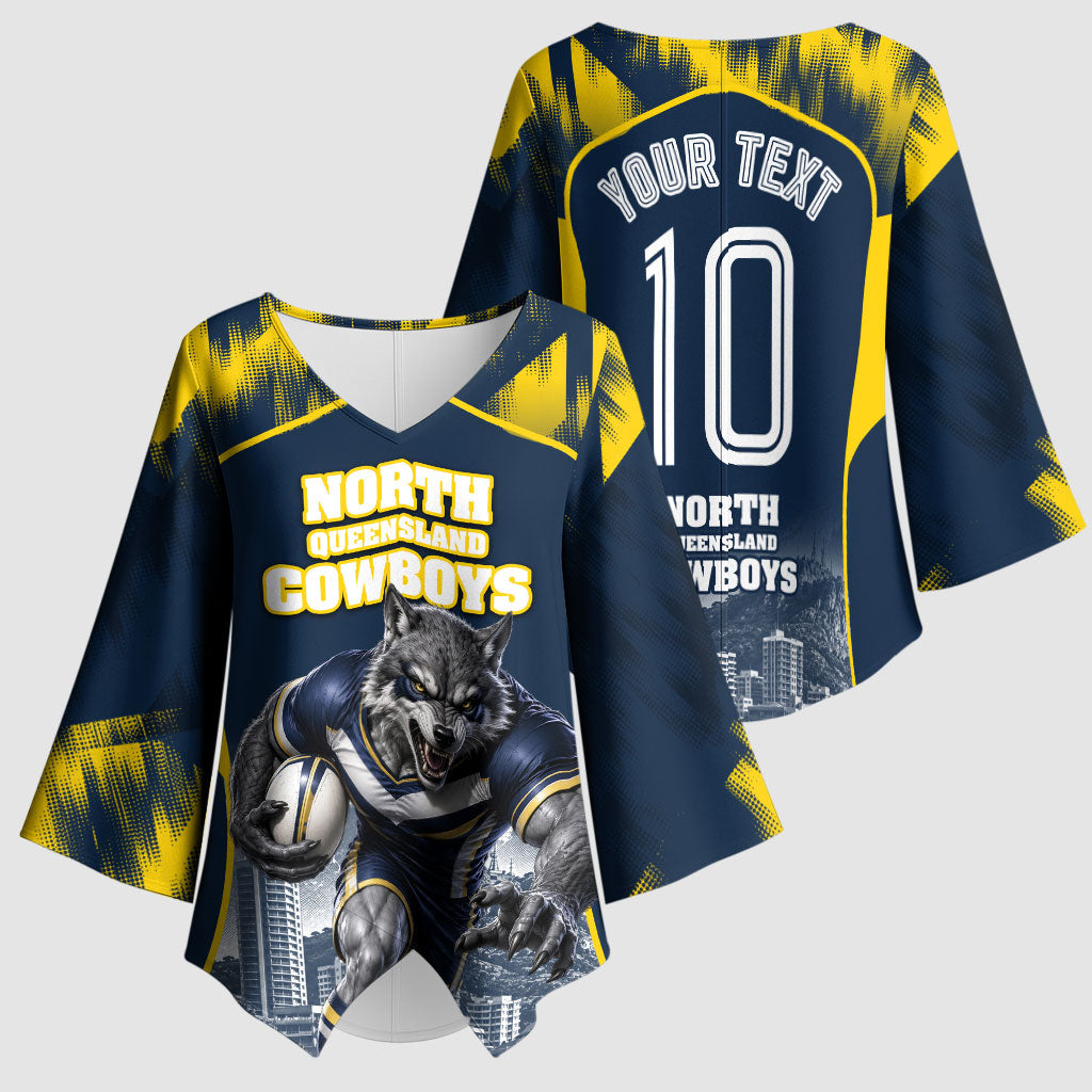 Personalised North Queensland Cowboys Mascot Rugby Kimono Sleeve Blouse Townsville Cityscape Athletic Graphic Print