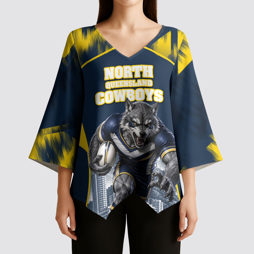 Personalised North Queensland Cowboys Mascot Rugby Kimono Sleeve Blouse Townsville Cityscape Athletic Graphic Print