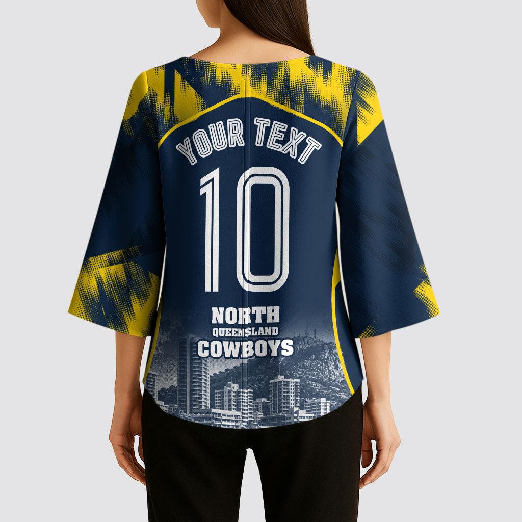 Personalised North Queensland Cowboys Mascot Rugby Kimono Sleeve Blouse Townsville Cityscape Athletic Graphic Print