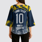 Personalised North Queensland Cowboys Mascot Rugby Kimono Sleeve Blouse Townsville Cityscape Athletic Graphic Print