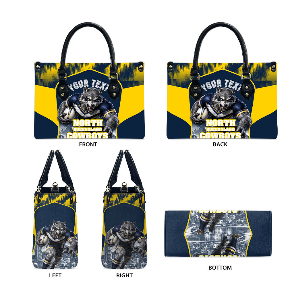 Personalised North Queensland Cowboys Mascot Rugby Leather Bag Townsville Cityscape Athletic Graphic Print