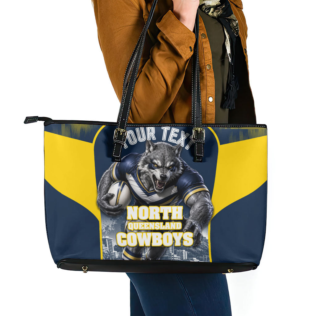 Personalised North Queensland Cowboys Mascot Rugby Leather Tote Bag Townsville Cityscape Athletic Graphic Print