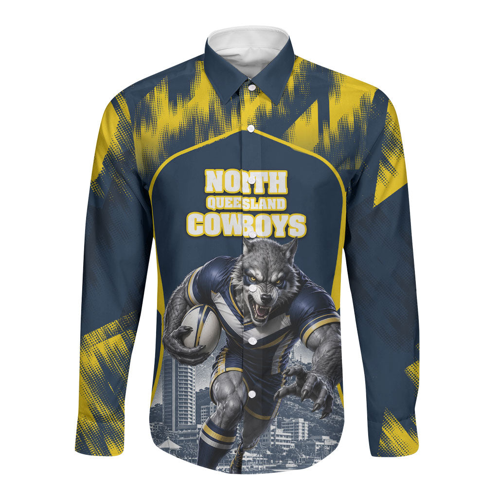 Personalised North Queensland Cowboys Mascot Rugby Long Sleeve Button Shirt Townsville Cityscape Athletic Graphic Print