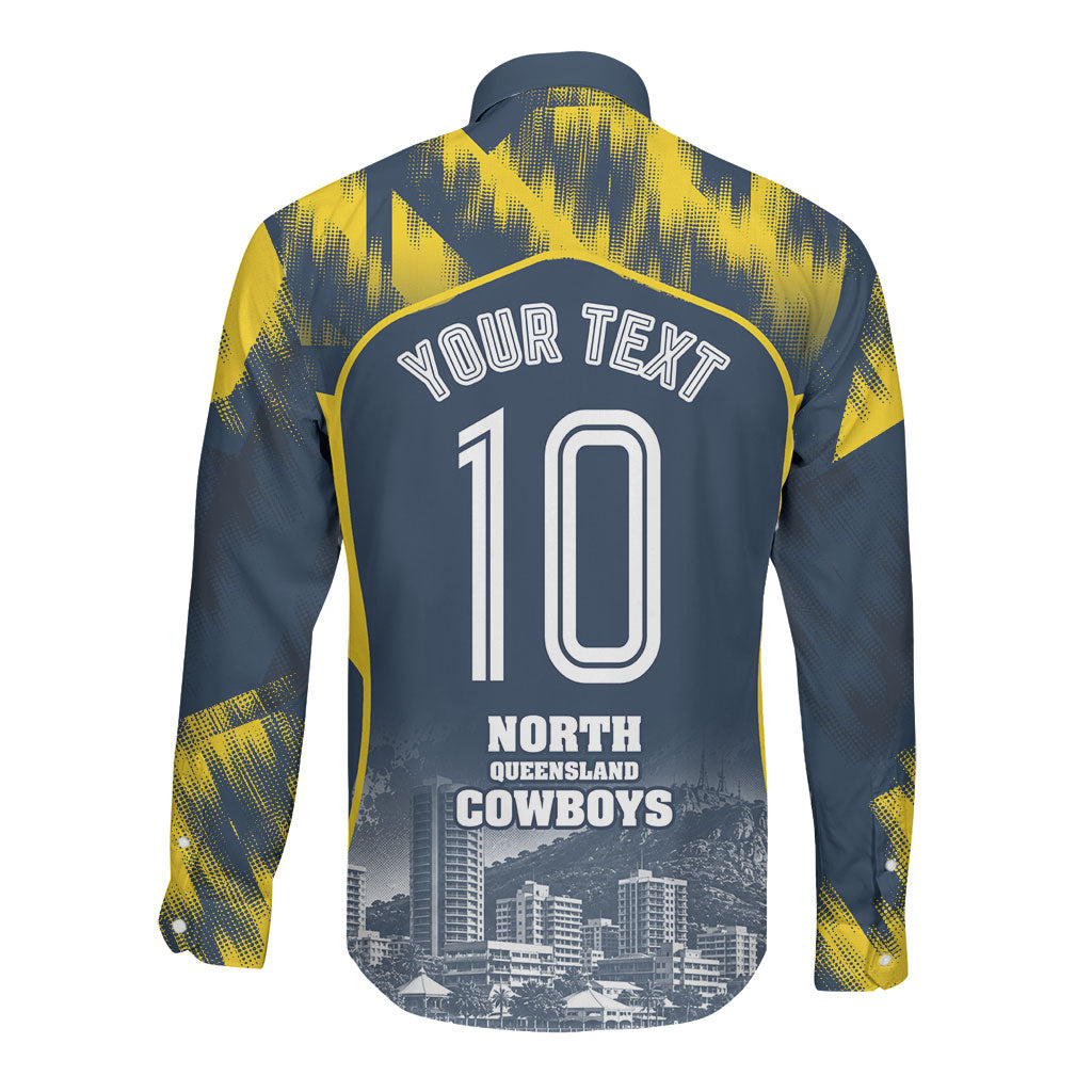 Personalised North Queensland Cowboys Mascot Rugby Long Sleeve Button Shirt Townsville Cityscape Athletic Graphic Print