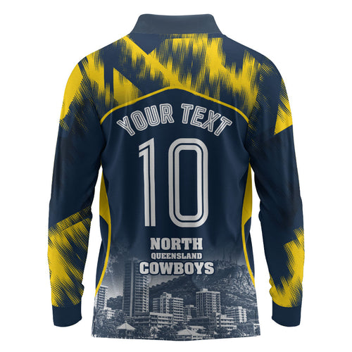 Personalised North Queensland Cowboys Mascot Rugby Long Sleeve Polo Shirt Townsville Cityscape Athletic Graphic Print