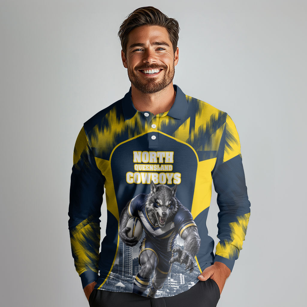 Personalised North Queensland Cowboys Mascot Rugby Long Sleeve Polo Shirt Townsville Cityscape Athletic Graphic Print