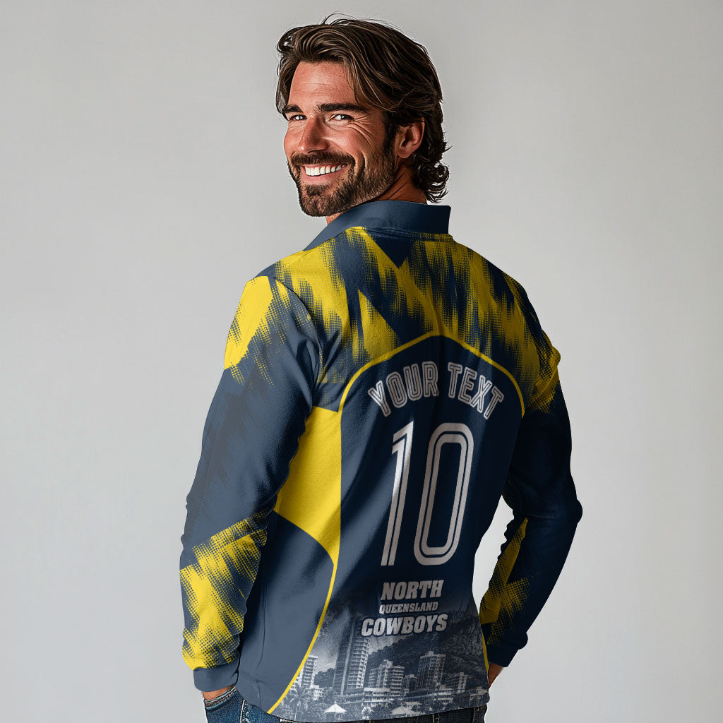 Personalised North Queensland Cowboys Mascot Rugby Long Sleeve Polo Shirt Townsville Cityscape Athletic Graphic Print