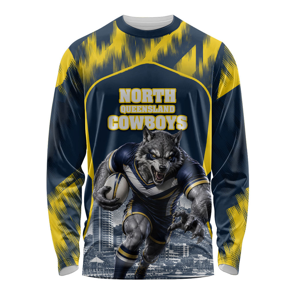 Personalised North Queensland Cowboys Mascot Rugby Long Sleeve Shirt Townsville Cityscape Athletic Graphic Print