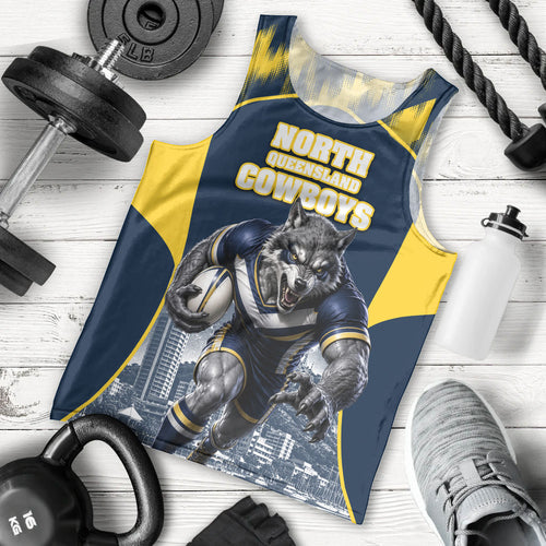 Personalised North Queensland Cowboys Mascot Rugby Men Tank Top Townsville Cityscape Athletic Graphic Print