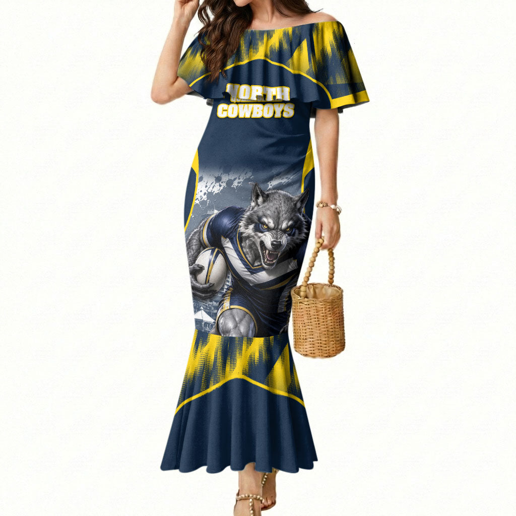 Personalised North Queensland Cowboys Mascot Rugby Mermaid Dress Townsville Cityscape Athletic Graphic Print