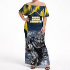Personalised North Queensland Cowboys Mascot Rugby Off Shoulder Maxi Dress Townsville Cityscape Athletic Graphic Print