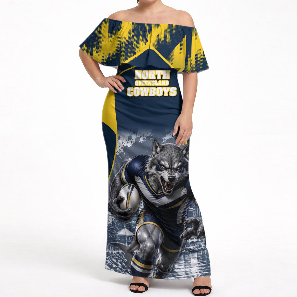 Personalised North Queensland Cowboys Mascot Rugby Off Shoulder Maxi Dress Townsville Cityscape Athletic Graphic Print