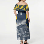 Personalised North Queensland Cowboys Mascot Rugby Off Shoulder Maxi Dress Townsville Cityscape Athletic Graphic Print