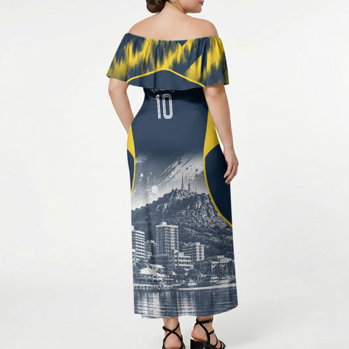 Personalised North Queensland Cowboys Mascot Rugby Off Shoulder Maxi Dress Townsville Cityscape Athletic Graphic Print
