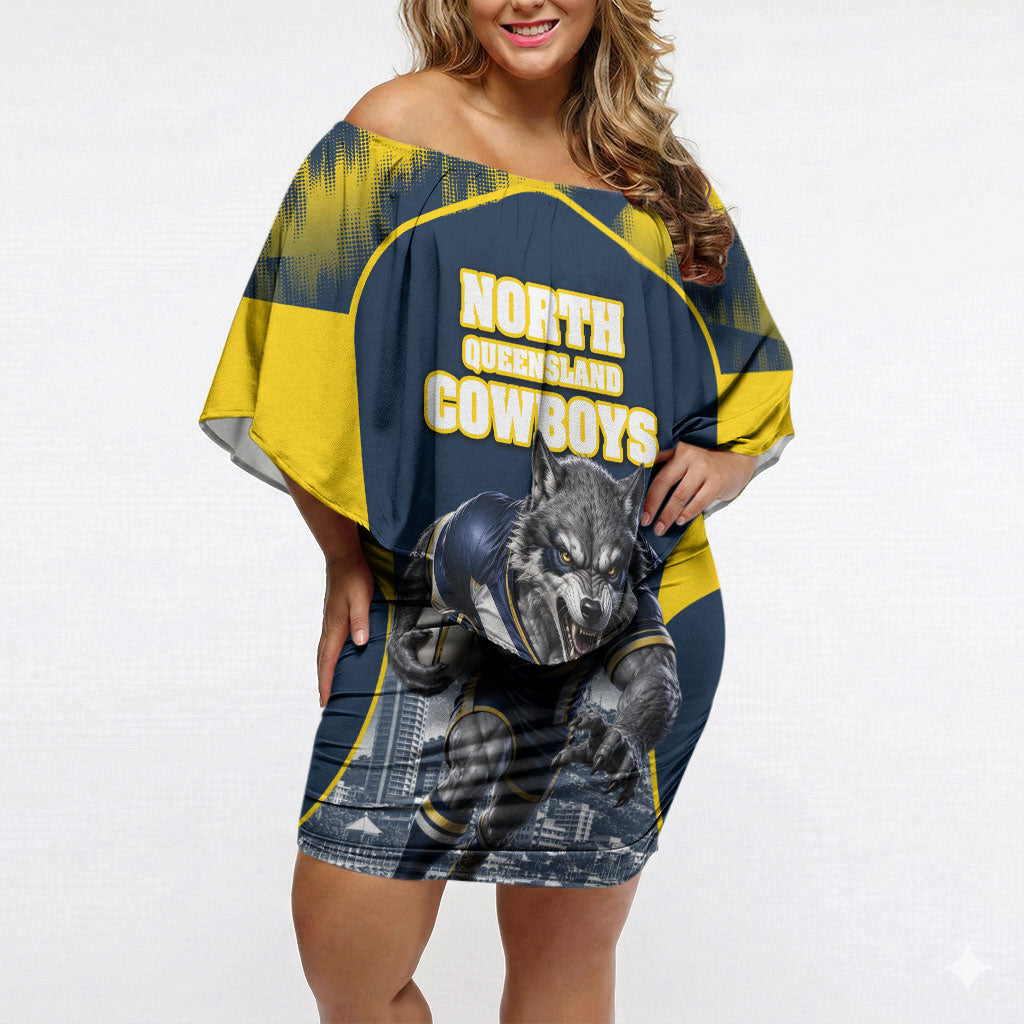 Personalised North Queensland Cowboys Mascot Rugby Off Shoulder Short Dress Townsville Cityscape Athletic Graphic Print