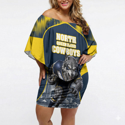 Personalised North Queensland Cowboys Mascot Rugby Off Shoulder Short Dress Townsville Cityscape Athletic Graphic Print