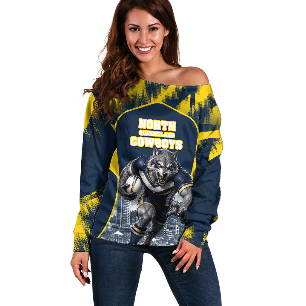 Personalised North Queensland Cowboys Mascot Rugby Off Shoulder Sweater Townsville Cityscape Athletic Graphic Print