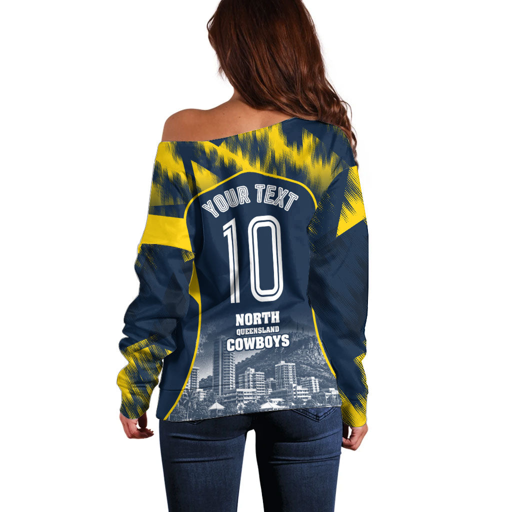 Personalised North Queensland Cowboys Mascot Rugby Off Shoulder Sweater Townsville Cityscape Athletic Graphic Print