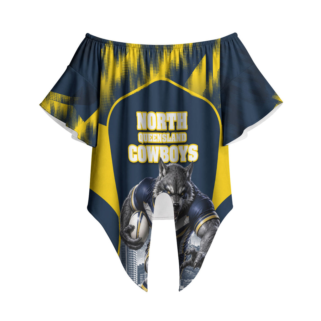 Personalised North Queensland Cowboys Mascot Rugby Off Shoulder Wrap Waist Top Townsville Cityscape Athletic Graphic Print