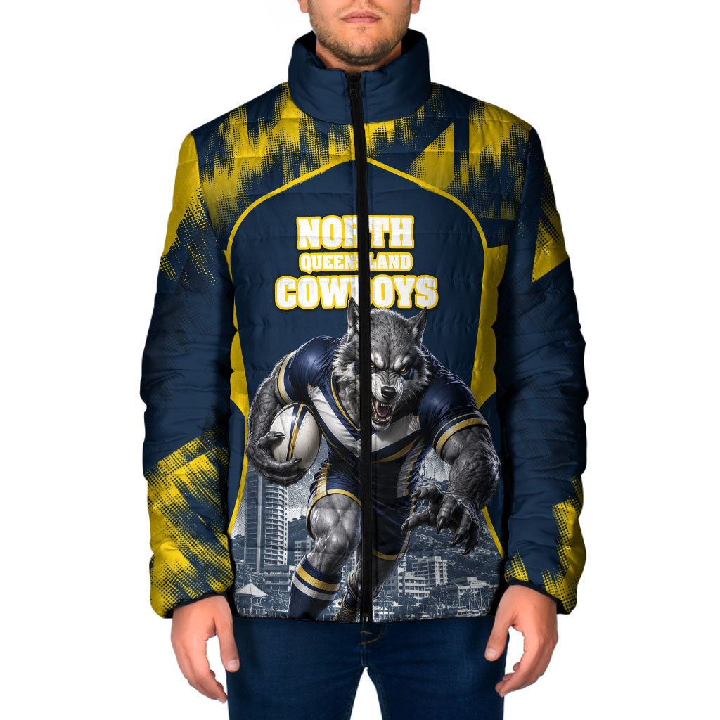 Personalised North Queensland Cowboys Mascot Rugby Padded Jacket Townsville Cityscape Athletic Graphic Print