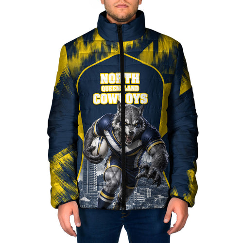 Personalised North Queensland Cowboys Mascot Rugby Padded Jacket Townsville Cityscape Athletic Graphic Print