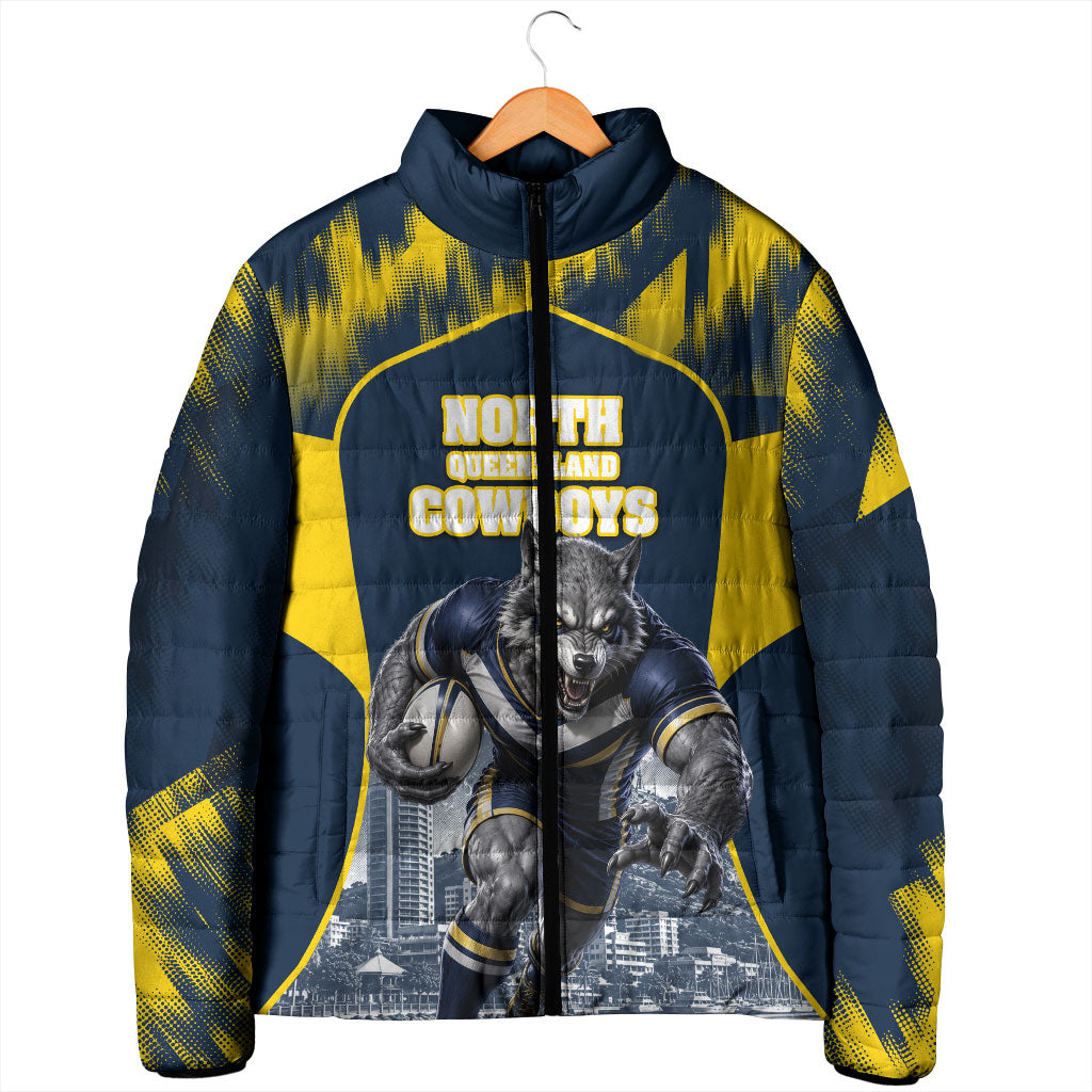 Personalised North Queensland Cowboys Mascot Rugby Padded Jacket Townsville Cityscape Athletic Graphic Print