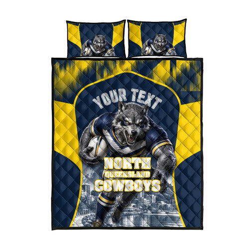 Personalised North Queensland Cowboys Mascot Rugby Quilt Bed Set Townsville Cityscape Athletic Graphic Print