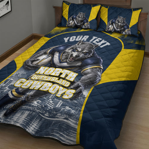Personalised North Queensland Cowboys Mascot Rugby Quilt Bed Set Townsville Cityscape Athletic Graphic Print