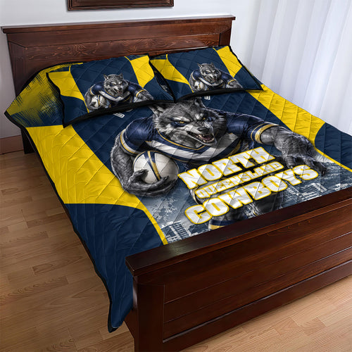 Personalised North Queensland Cowboys Mascot Rugby Quilt Bed Set Townsville Cityscape Athletic Graphic Print