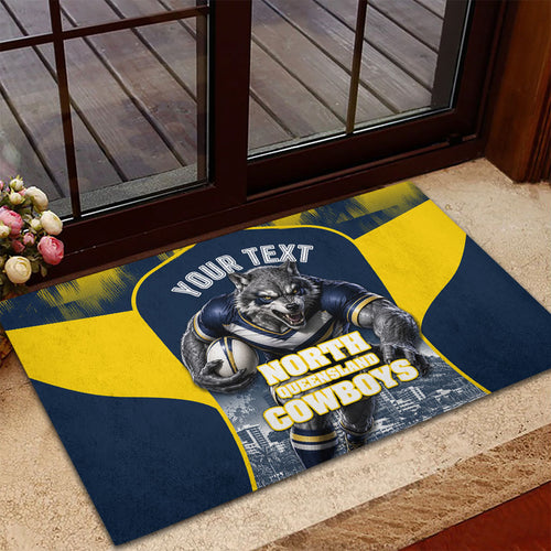 Personalised North Queensland Cowboys Mascot Rugby Rubber Doormat Townsville Cityscape Athletic Graphic Print