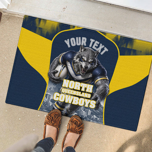 Personalised North Queensland Cowboys Mascot Rugby Rubber Doormat Townsville Cityscape Athletic Graphic Print