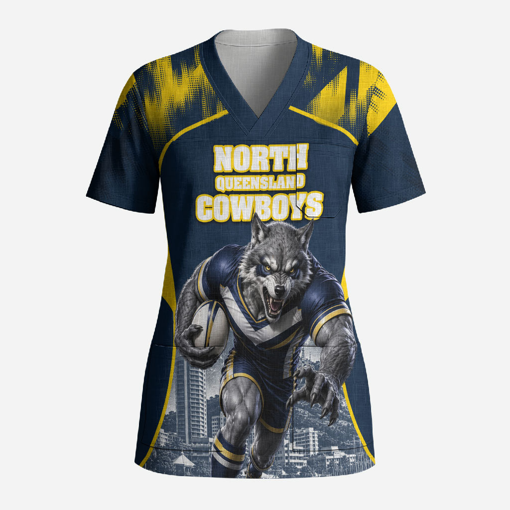 Personalised North Queensland Cowboys Mascot Rugby Scrub Top Townsville Cityscape Athletic Graphic Print