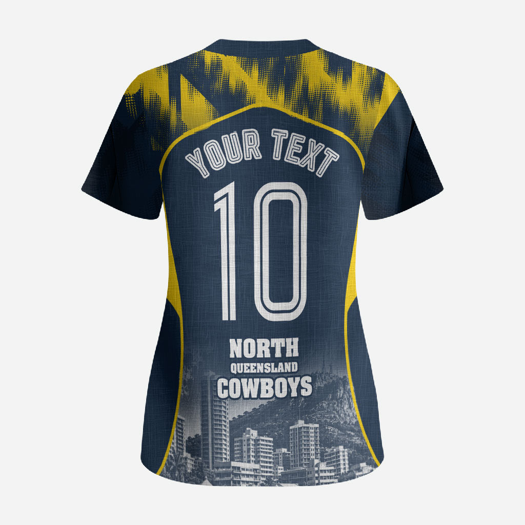 Personalised North Queensland Cowboys Mascot Rugby Scrub Top Townsville Cityscape Athletic Graphic Print