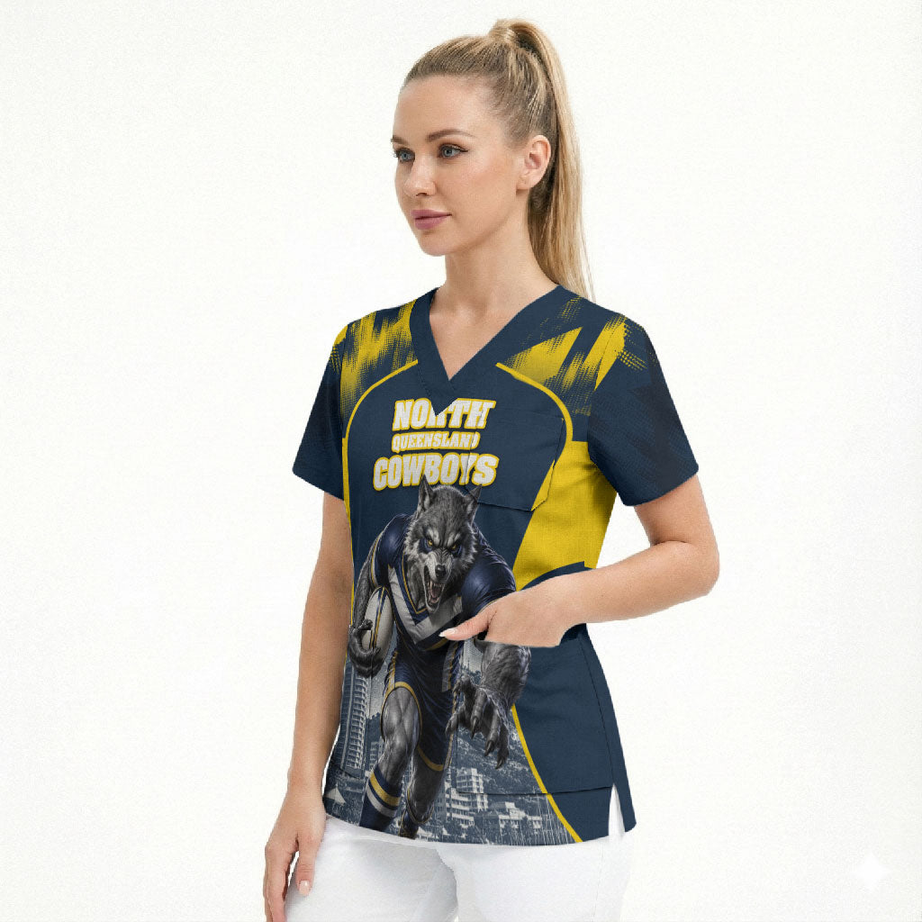 Personalised North Queensland Cowboys Mascot Rugby Scrub Top Townsville Cityscape Athletic Graphic Print