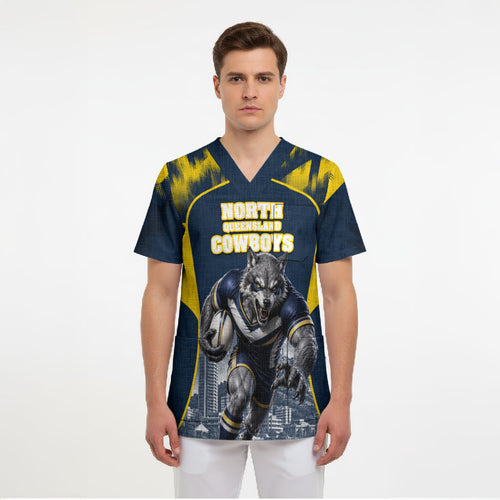 Personalised North Queensland Cowboys Mascot Rugby Scrub Top Townsville Cityscape Athletic Graphic Print