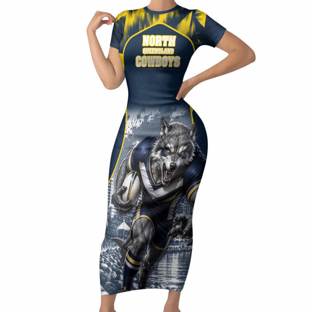 Personalised North Queensland Cowboys Mascot Rugby Short Sleeve Bodycon Dress Townsville Cityscape Athletic Graphic Print