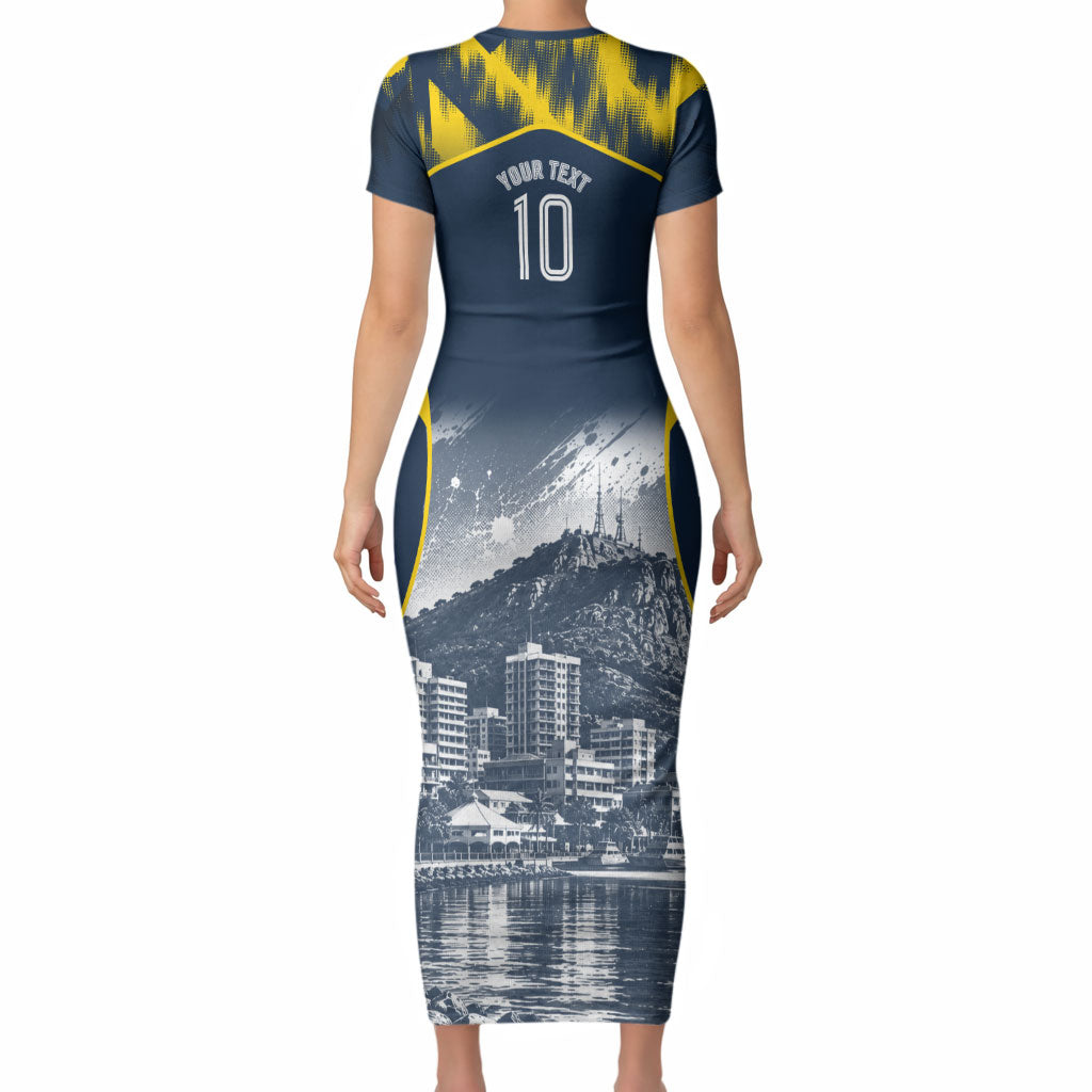 Personalised North Queensland Cowboys Mascot Rugby Short Sleeve Bodycon Dress Townsville Cityscape Athletic Graphic Print