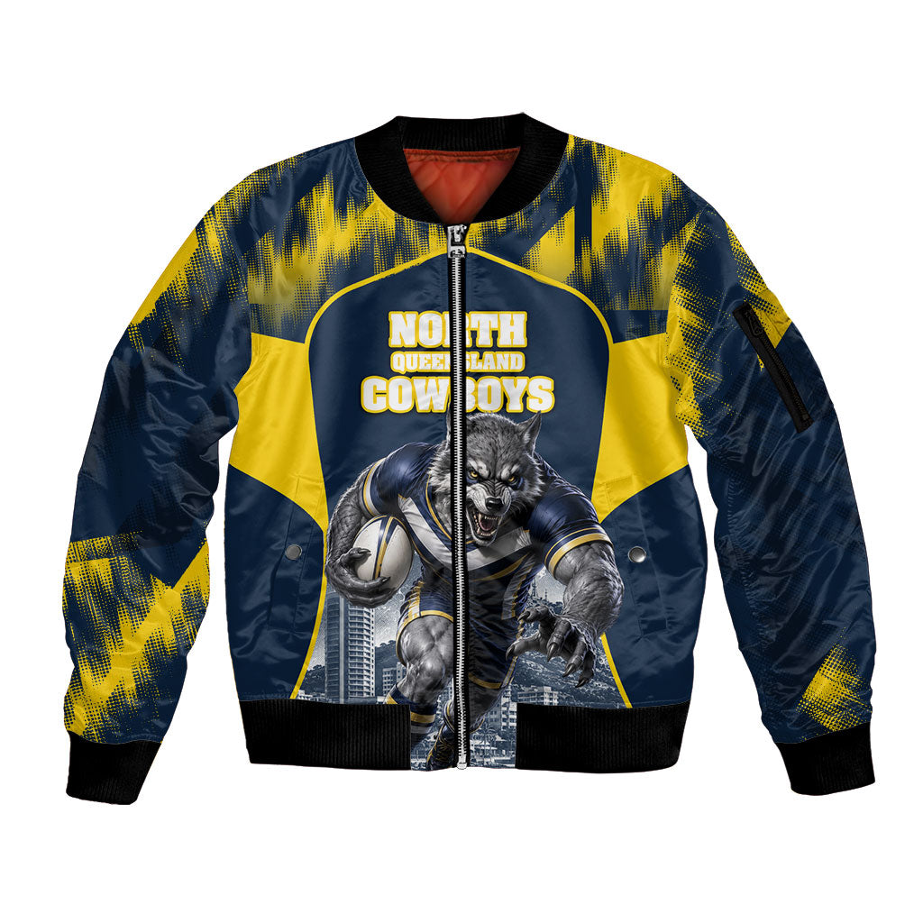 Personalised North Queensland Cowboys Mascot Rugby Sleeve Zip Bomber Jacket Townsville Cityscape Athletic Graphic Print