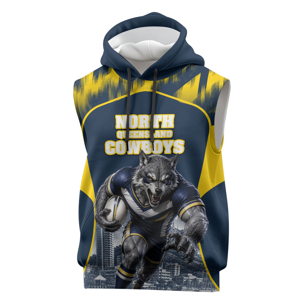 Personalised North Queensland Cowboys Mascot Rugby Sleeveless Hoodie Townsville Cityscape Athletic Graphic Print