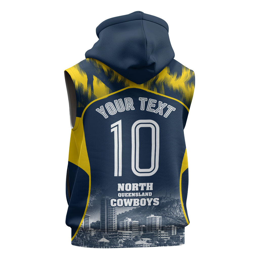 Personalised North Queensland Cowboys Mascot Rugby Sleeveless Hoodie Townsville Cityscape Athletic Graphic Print