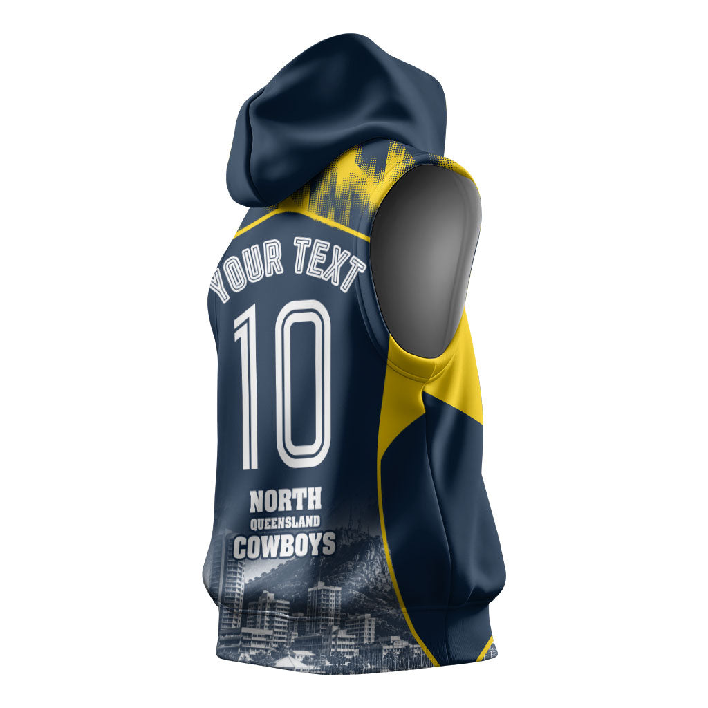 Personalised North Queensland Cowboys Mascot Rugby Sleeveless Hoodie Townsville Cityscape Athletic Graphic Print