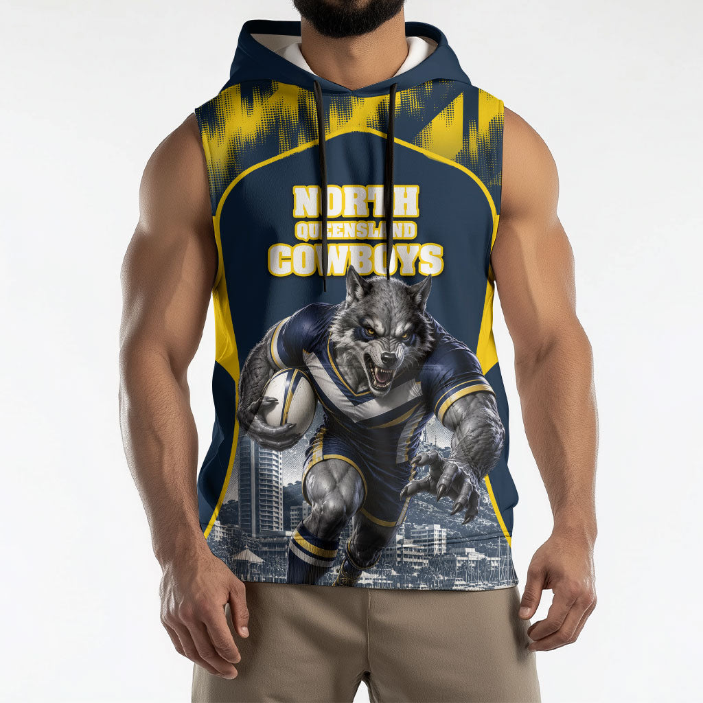 Personalised North Queensland Cowboys Mascot Rugby Sleeveless Hoodie Townsville Cityscape Athletic Graphic Print