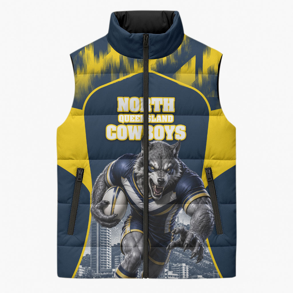 Personalised North Queensland Cowboys Mascot Rugby Sleeveless Puffer Jacket Townsville Cityscape Athletic Graphic Print
