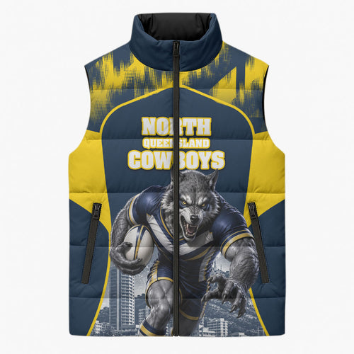 Personalised North Queensland Cowboys Mascot Rugby Sleeveless Puffer Jacket Townsville Cityscape Athletic Graphic Print
